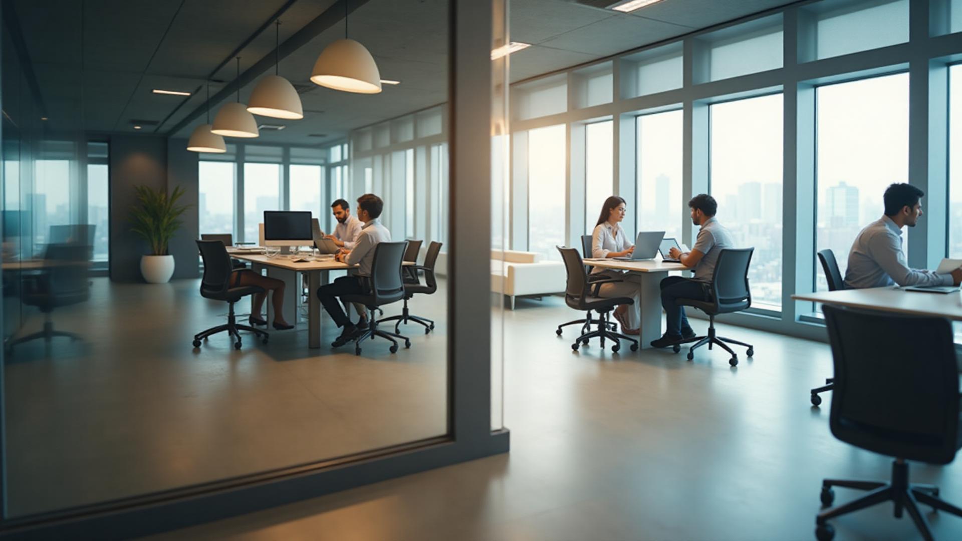 Modern office workspace with professionals working collaboratively